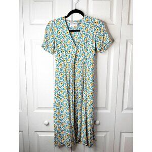 HVN Blue Orange Floral Print V-Neck Rosemary 100% Silk Dress Women's Size 0